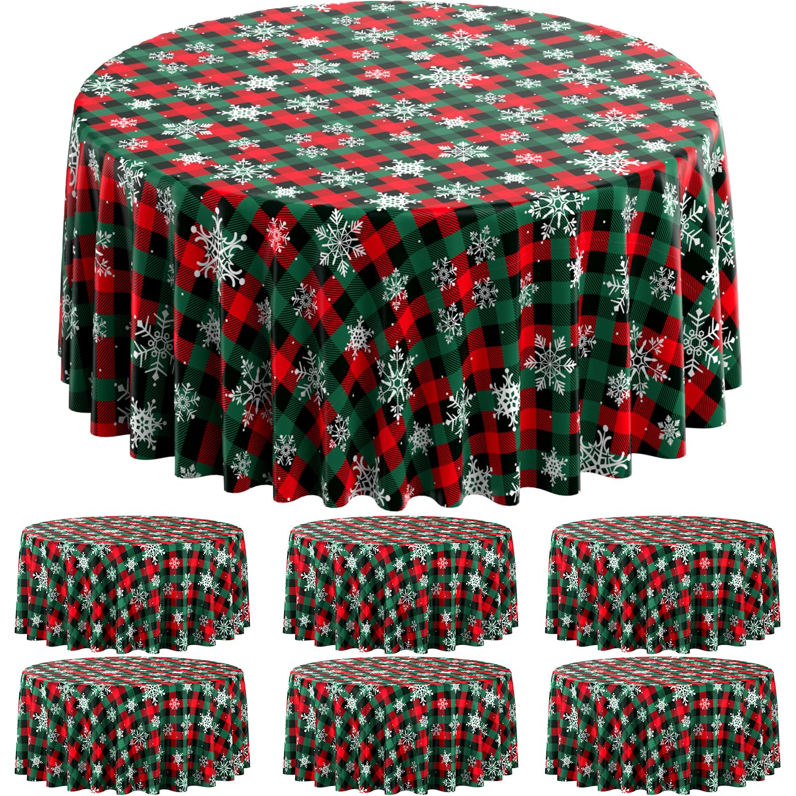 Mantel Jectivs redondo buffalo plaid con copos de nieve, ideal para cena navideña