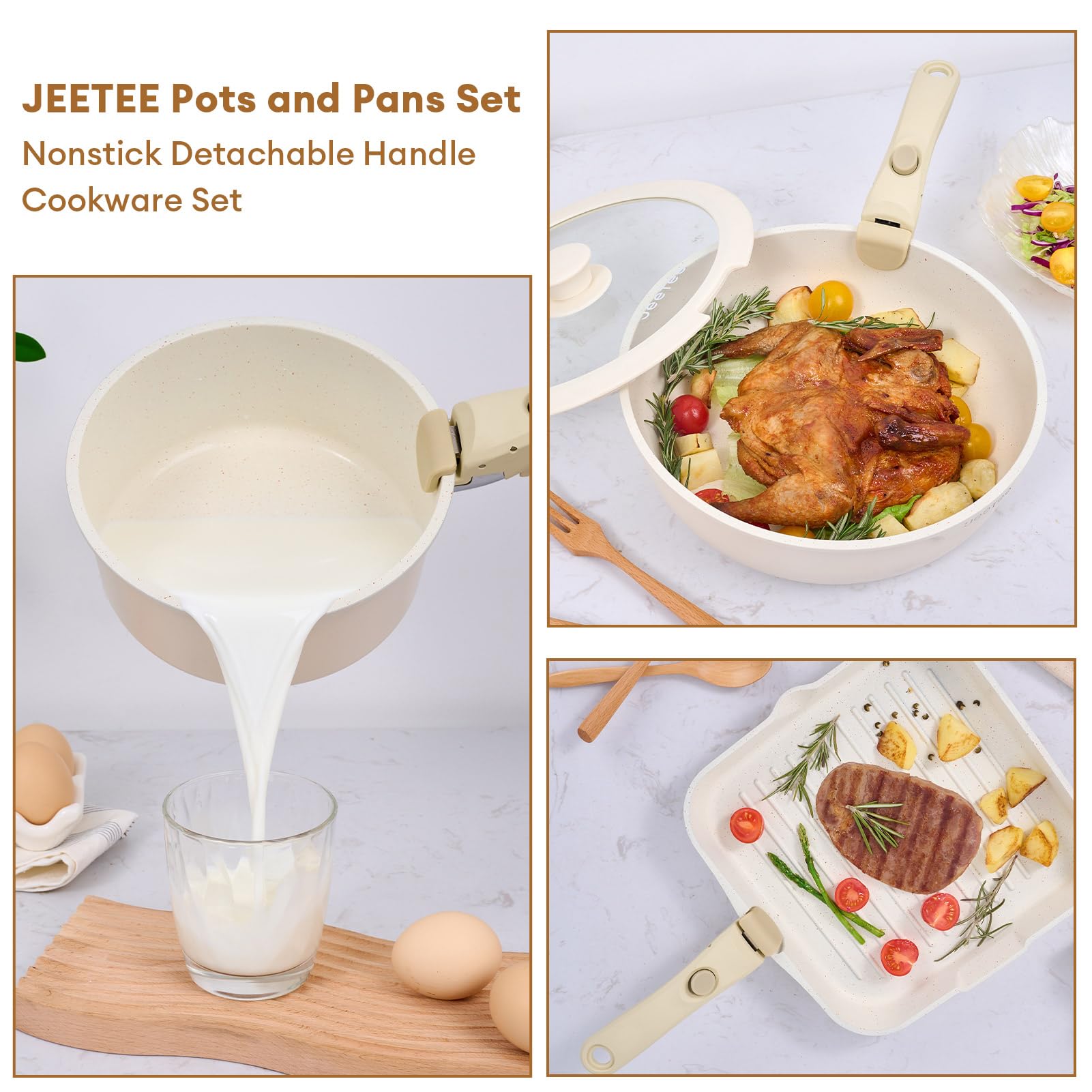 JEETEE accesorios incluyen asas, utensilios y tapas para mayor versatilidad.