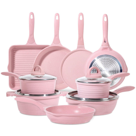 JEETEE conjunto ollas sartenes rosa, cocina uniforme y agradable.