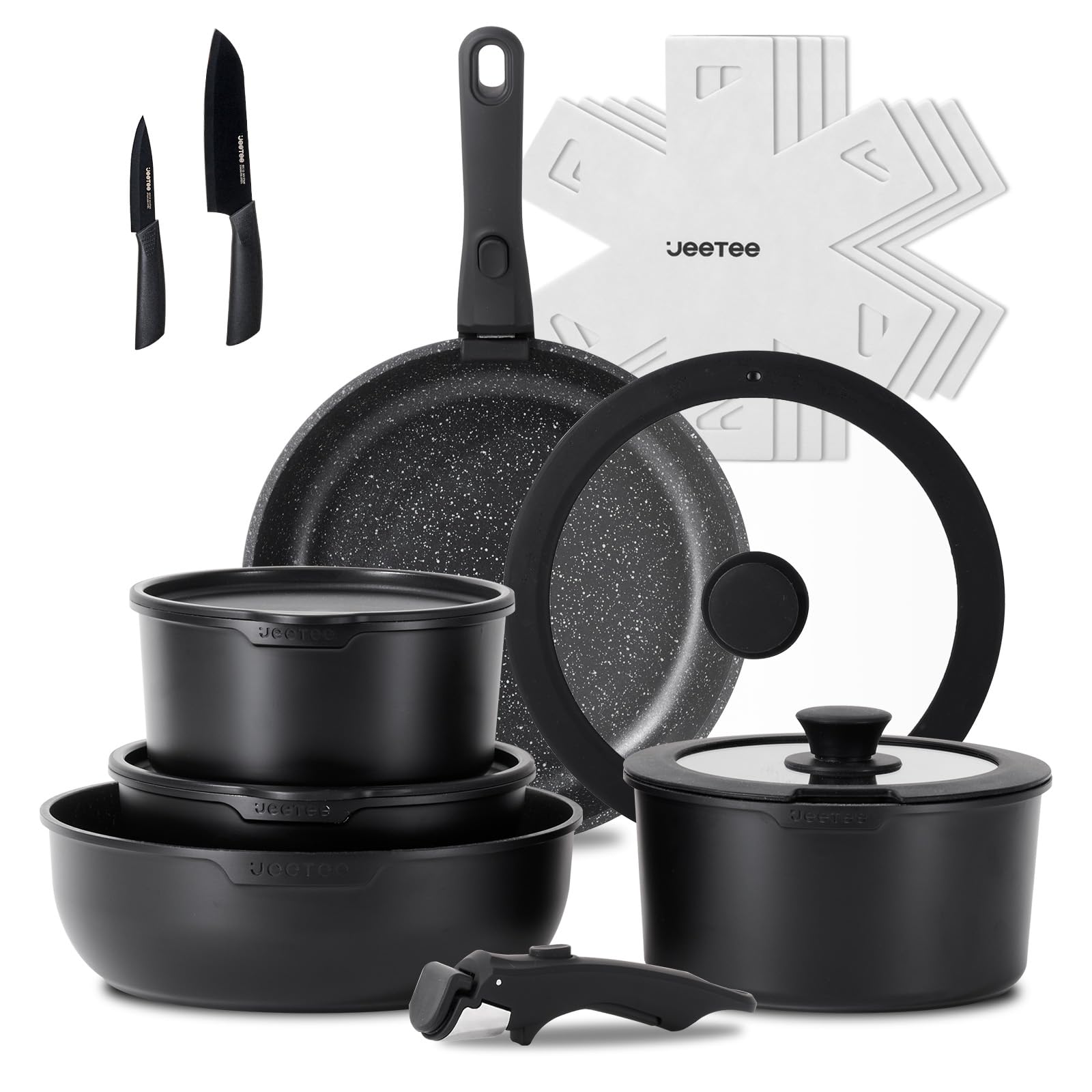 JEETEE juego de ollas y sartenes 17 piezas desmontables para ahorrar espacio en la cocina