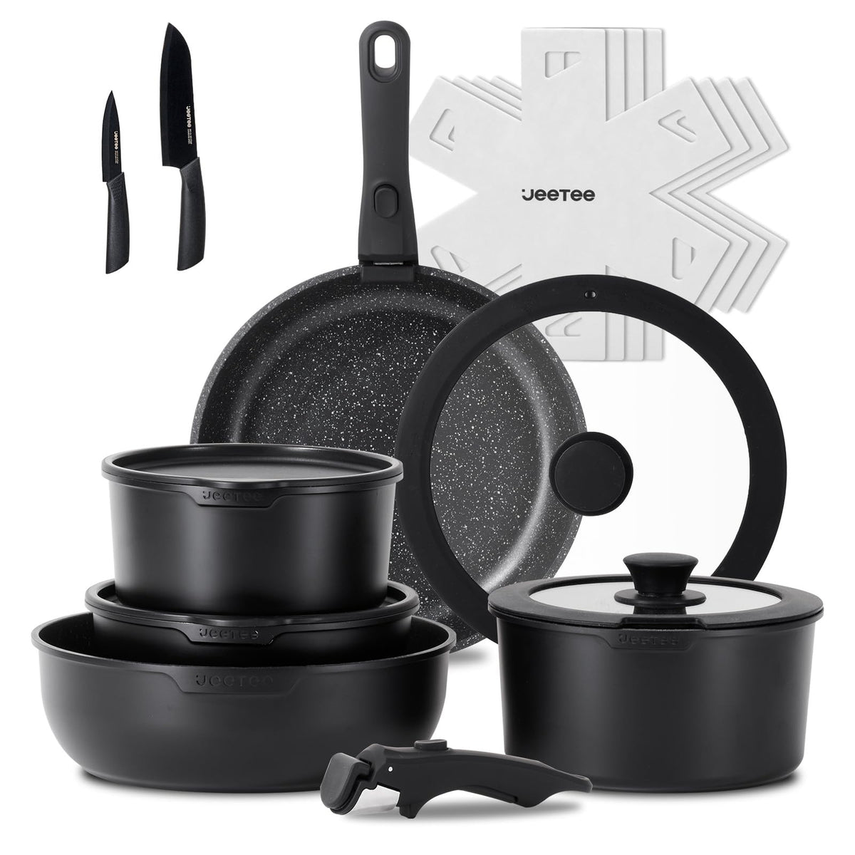 JEETEE juego de ollas y sartenes 17 piezas desmontables para ahorrar espacio en la cocina