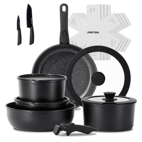 JEETEE juego de ollas y sartenes 17 piezas desmontables para ahorrar espacio en la cocina