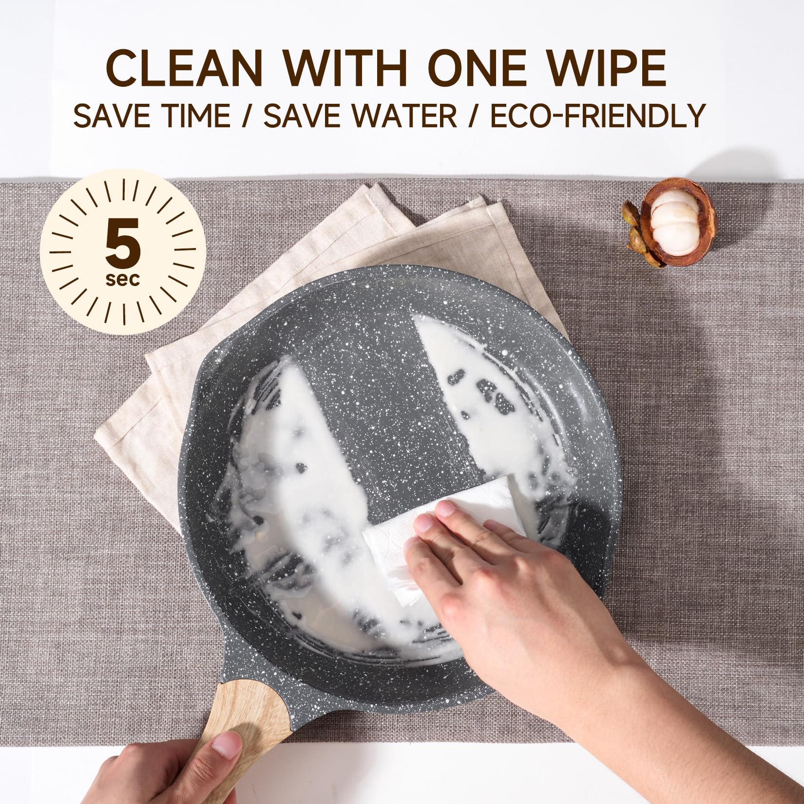 Sartén JEETEE 9,5 pulgadas compatible con inducción y cocinas modernas.