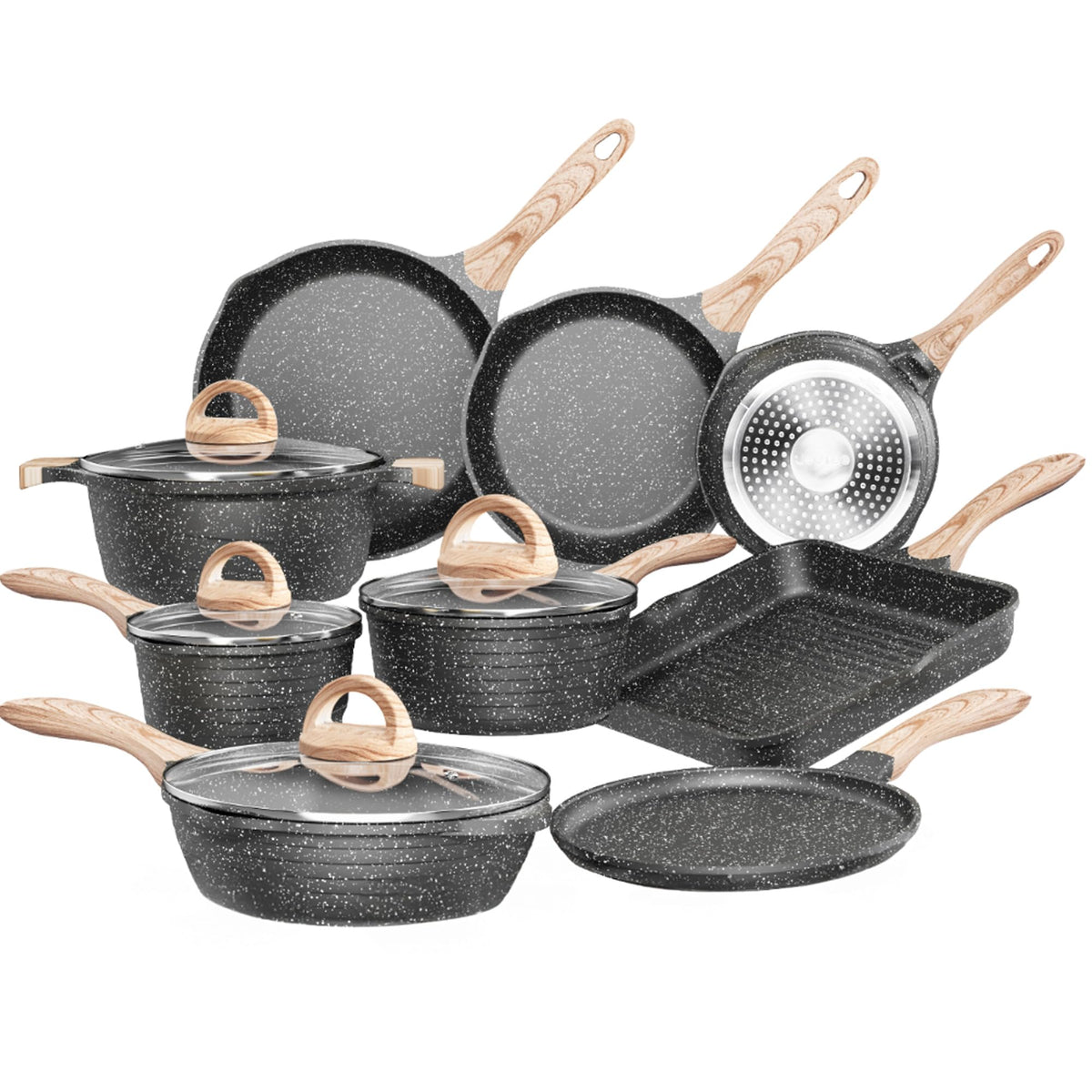JEETEE juego de sartenes antiadherentes para cocinar con menos aceite y mayor control.