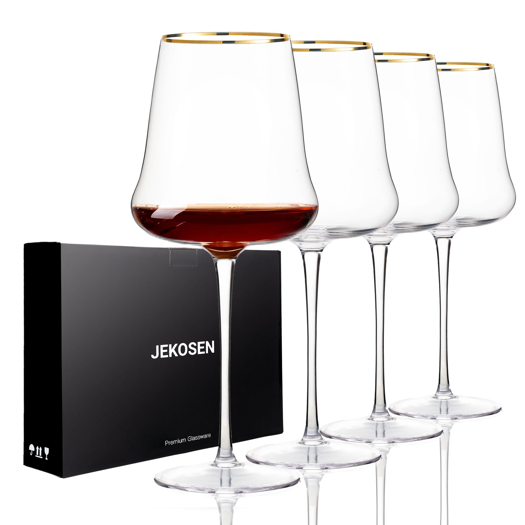 Copa JEKOSEN vino tinto con borde dorado, cristal sin plomo para escenas elegantes.