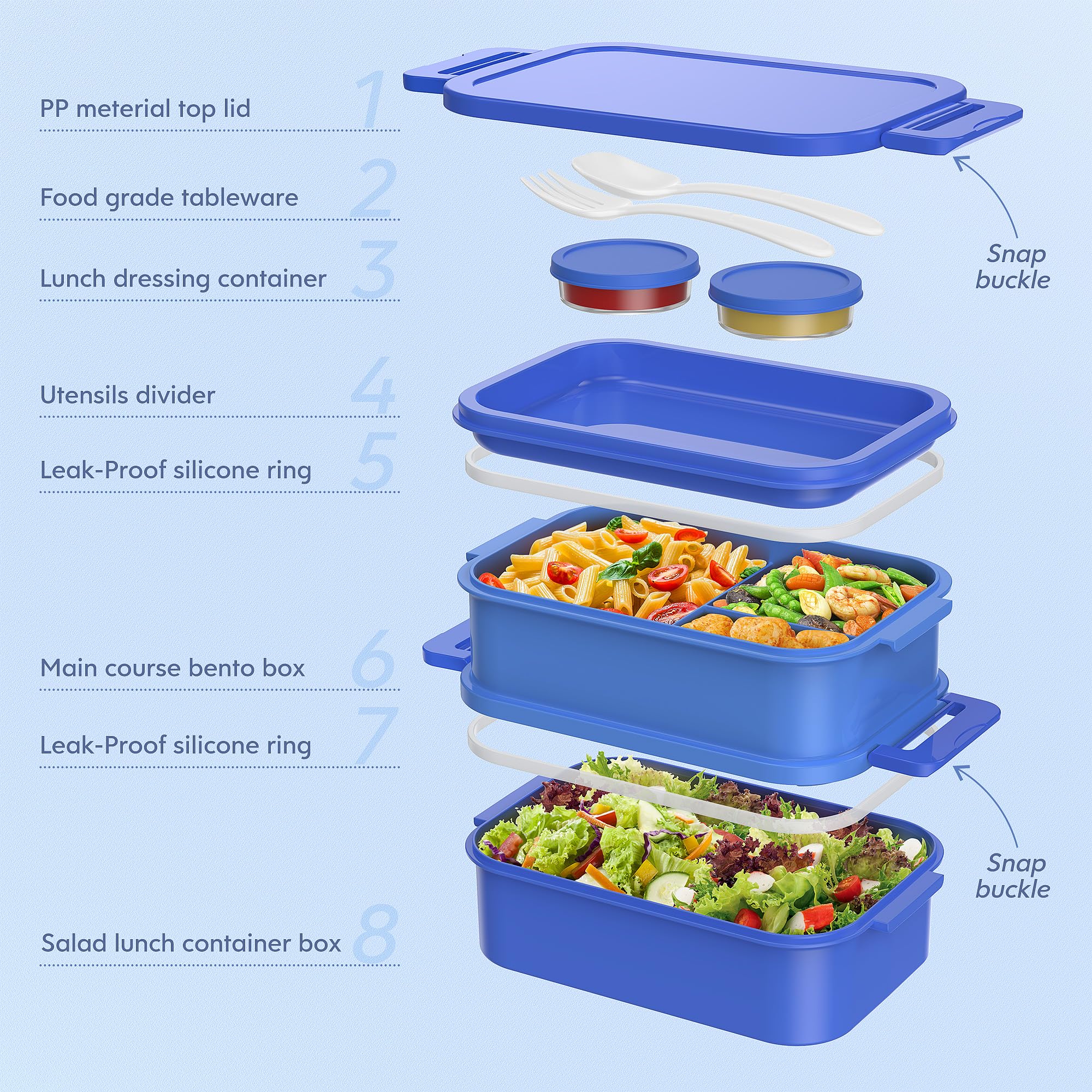 Jelife Bento con 5 compartimentos y 2 salsas para comidas equilibradas.