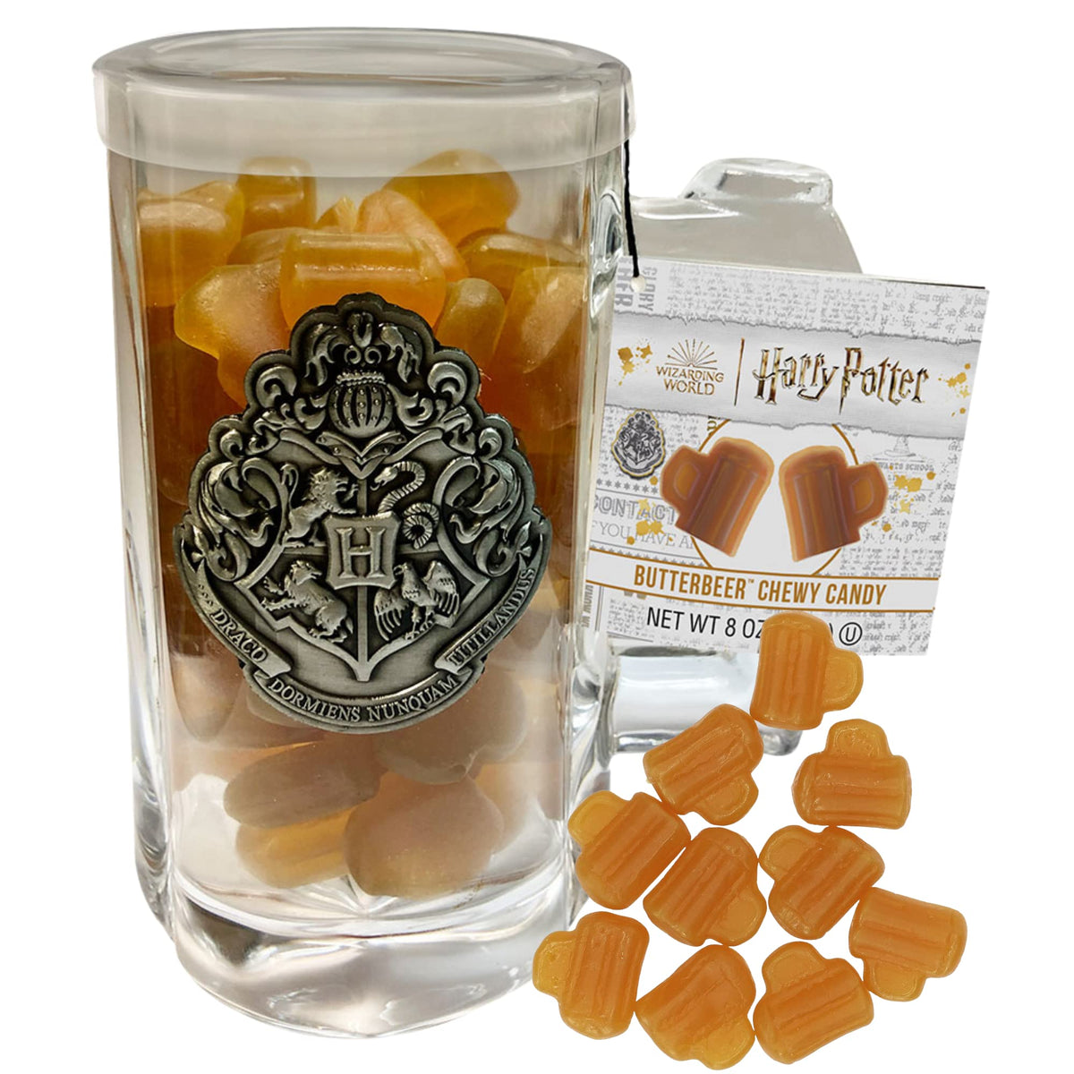 Jelly Belly vaso de cristal con cerveza de mantequilla, ideal para fiestas temáticas.