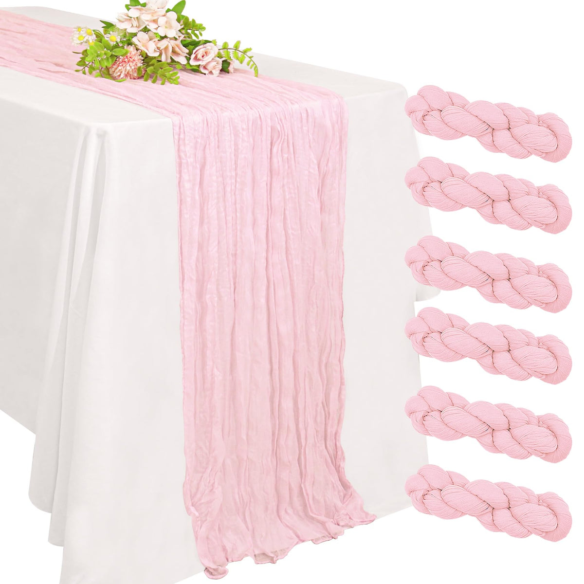 Mantel gasa rosado de Jelyne, ideal para banquetes elegantes.