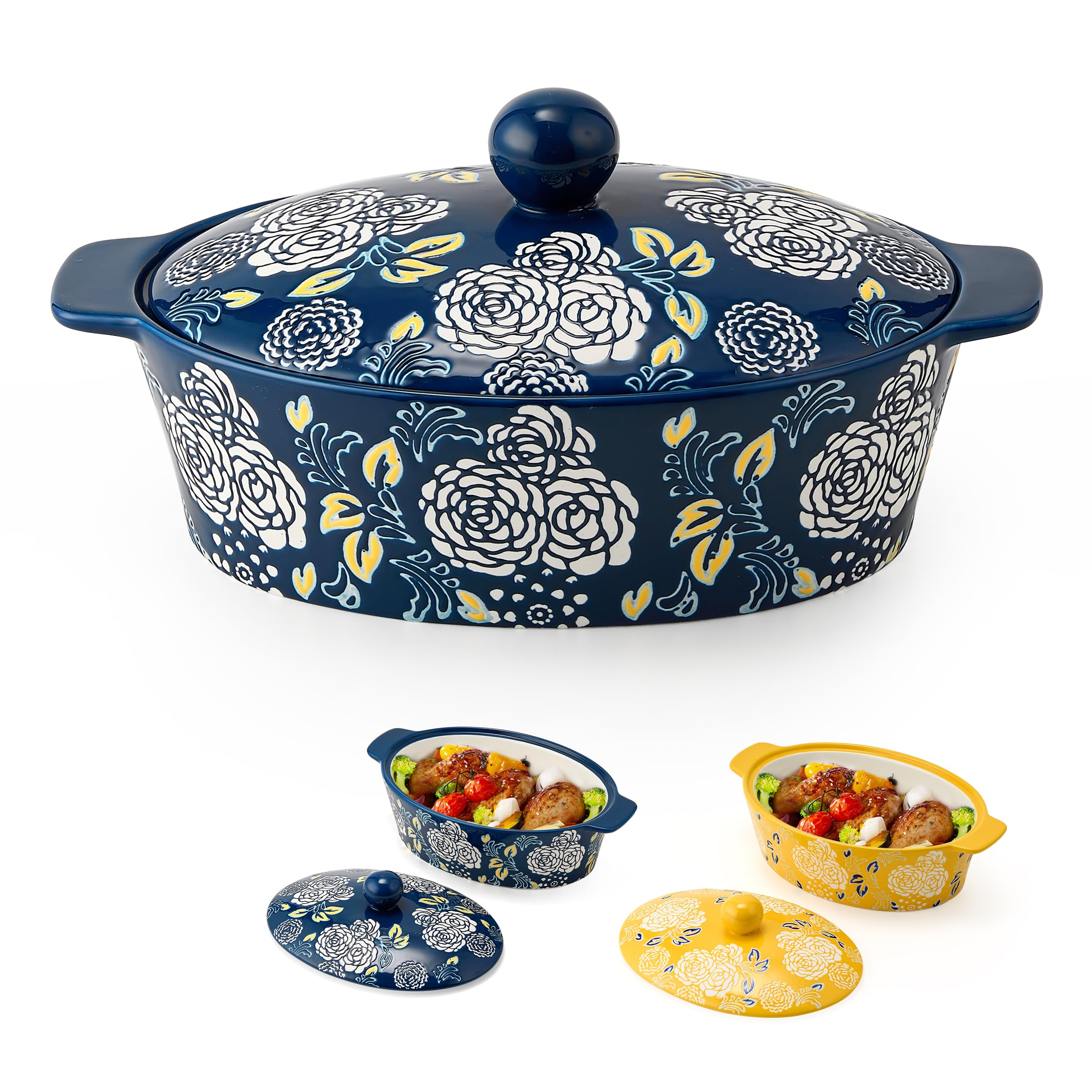 Cazuela cerámica Jemirry con tapa azul frente, ideal para hornear y servir