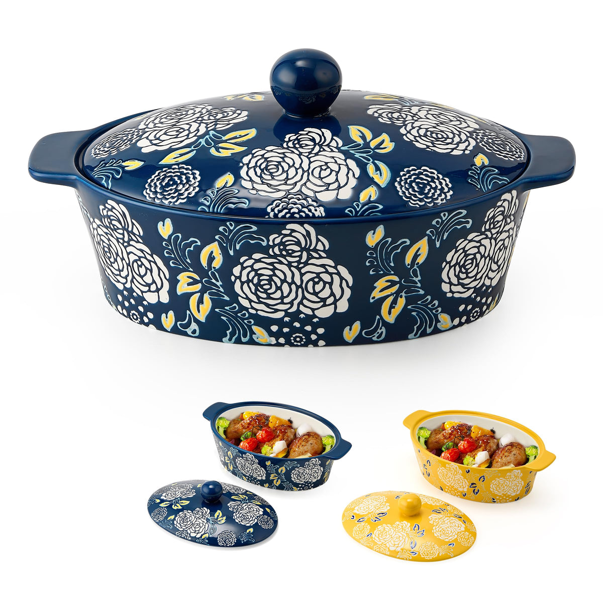 Cazuela cerámica Jemirry con tapa azul frente, ideal para hornear y servir