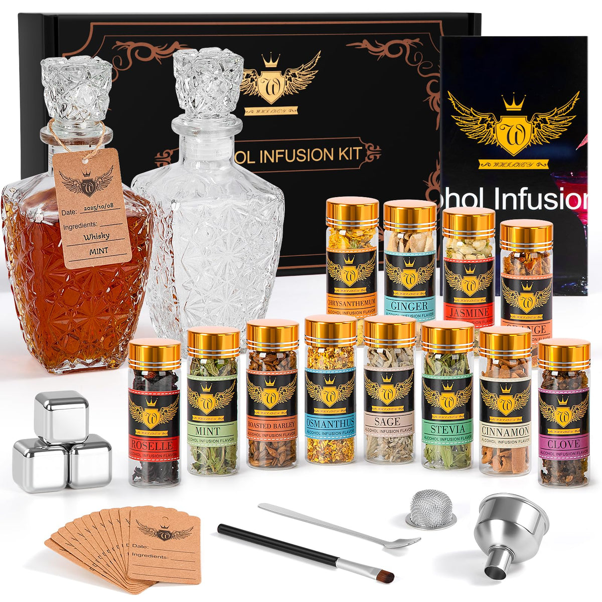 JenChrysm kit infusión whisky botella: dos frascos reutilizables para personalizar bebidas.