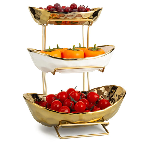 Jessie bandeja fruta tres niveles dorado en la encimera, organización práctica.