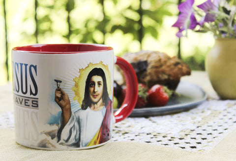 Jesús Se Afeita de The Unemployed Philosophers Guild, tamaño 12 onzas, ideal para rituales de café.