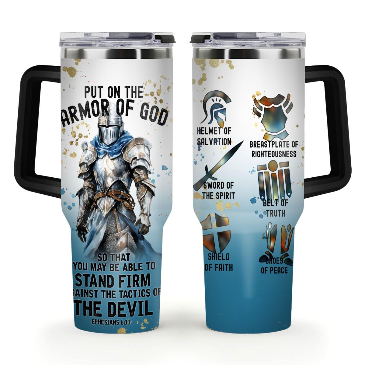 Jesuspirit Armadura de Dios, vaso térmico visto de frente para uso diario.