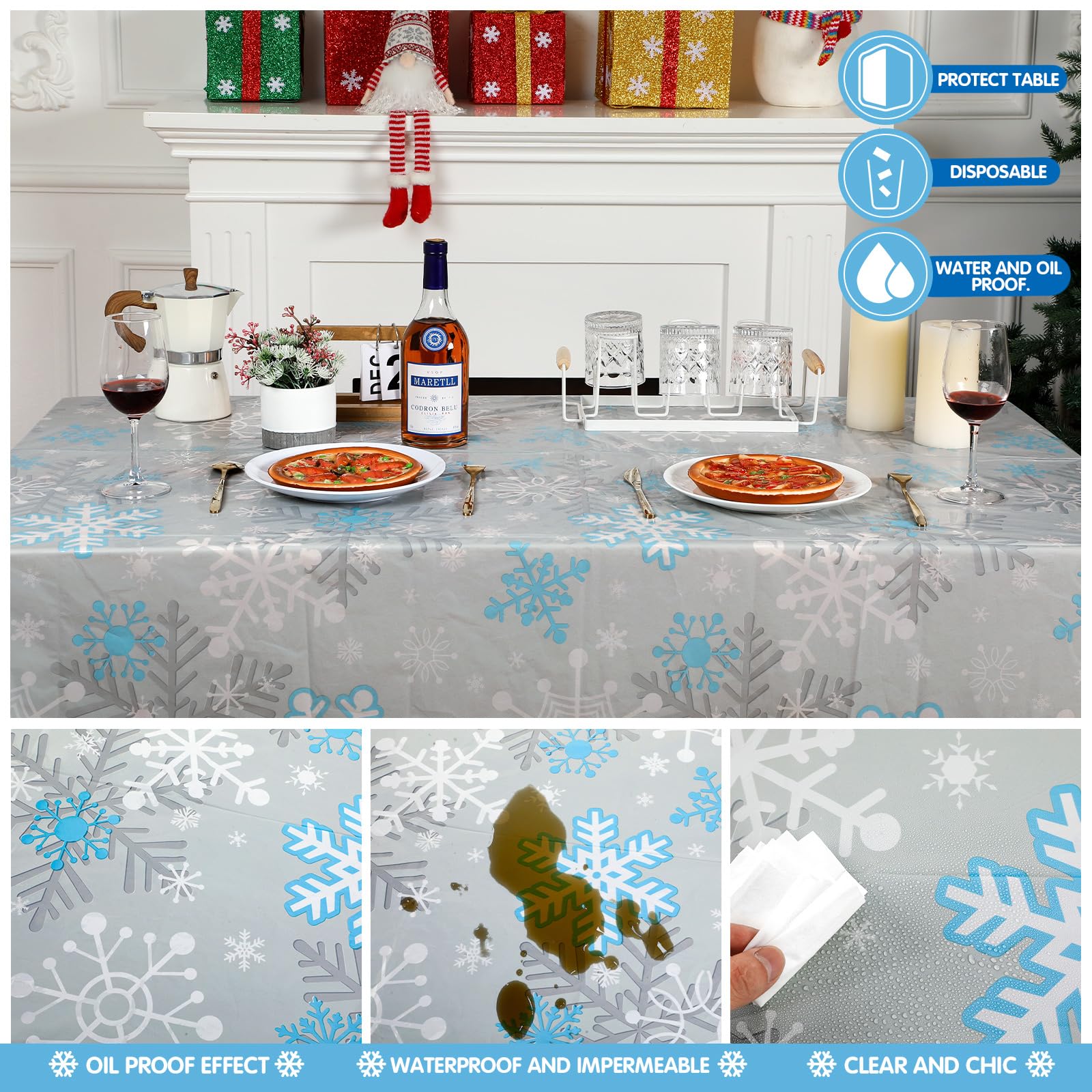Mantel rectangular Jetec azul blanco plateado con copos de nieve para comidas en casa.