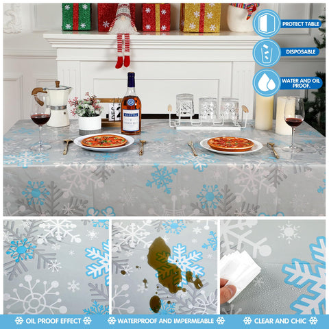 Mantel rectangular Jetec azul blanco plateado con copos de nieve para comidas en casa.