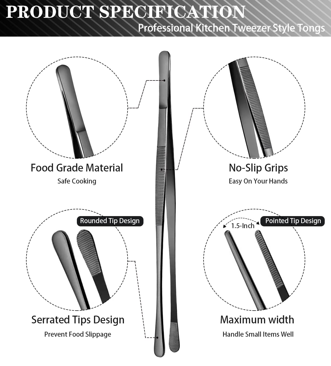 JetKONG pinzas de cocina 10 pulgadas con puntas redondeadas para manipular con seguridad.