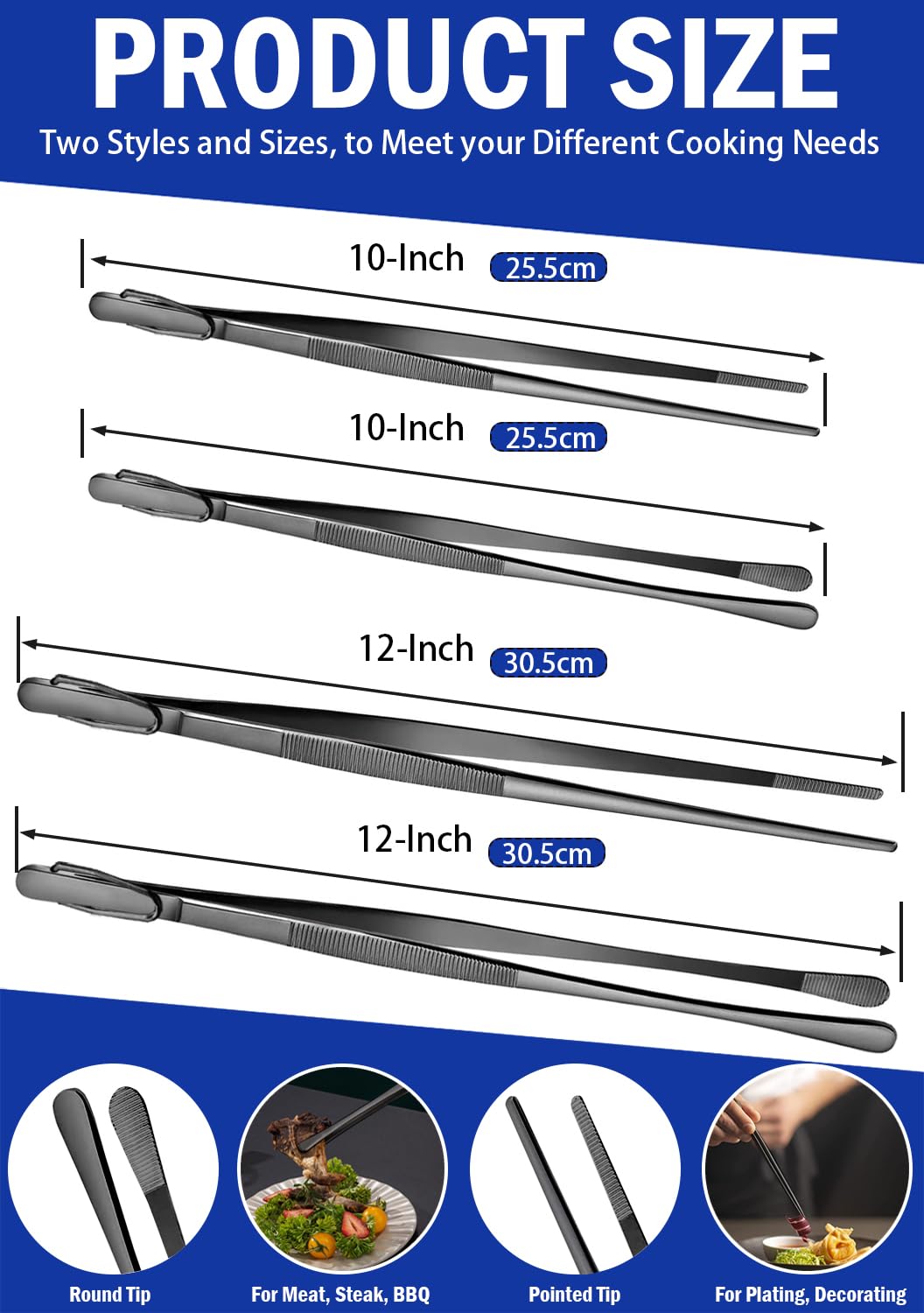 Pinzas JETKONG 12-pulgadas-ergonómicas negro, alcance amplio para platos y parrilla.