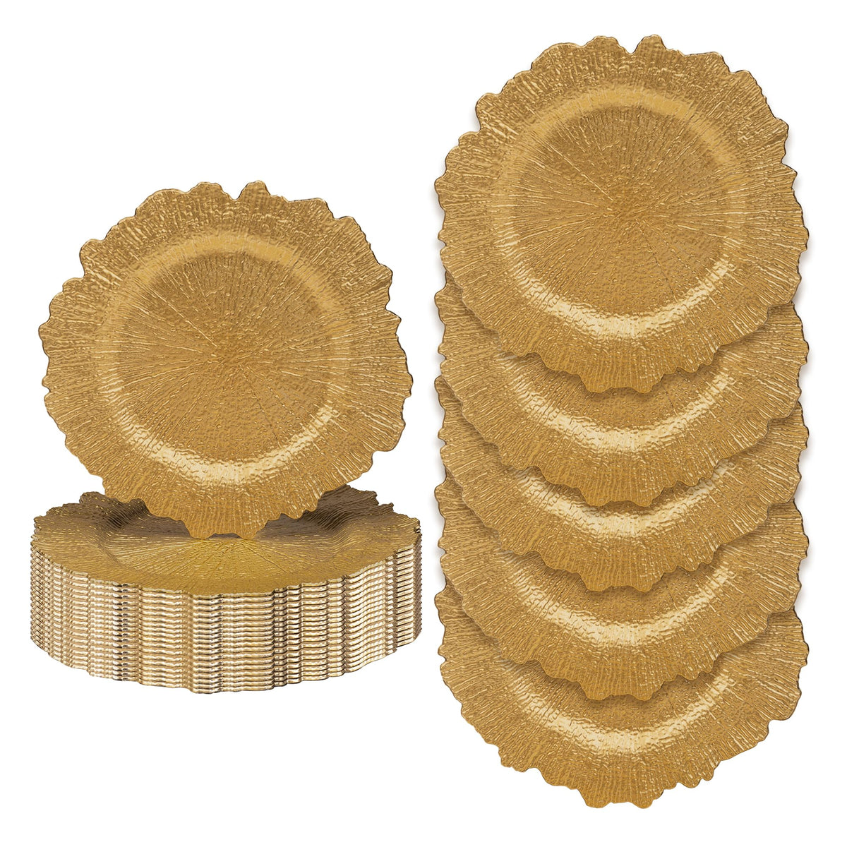 Plato cargador dorado JEVERGN de 13 pulgadas con textura de arrecife para mesas elegantes.