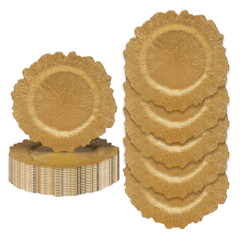 Plato cargador dorado JEVERGN de 13 pulgadas con textura de arrecife para mesas elegantes.