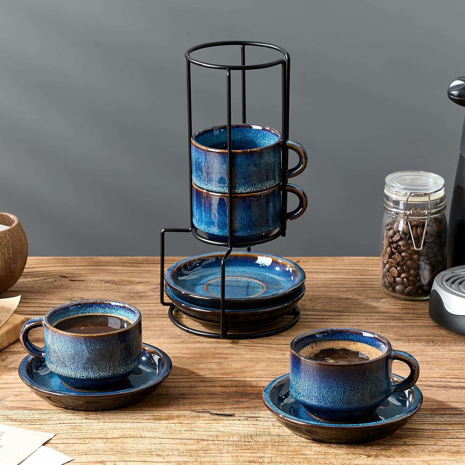 Juego de 4 tazas con soporte de metal de JIEMEI HOME
