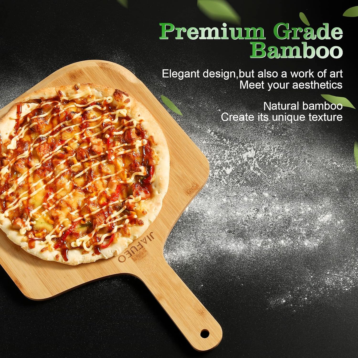 Manija ergonómica JIAFUEO, pala-pizza de bambú para agarre cómodo.