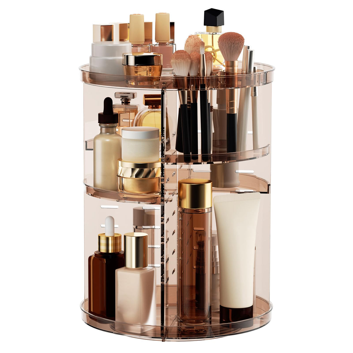 Jiavarry organizador-maquillaje rotatorio con panel superior para acceso rápido a productos.