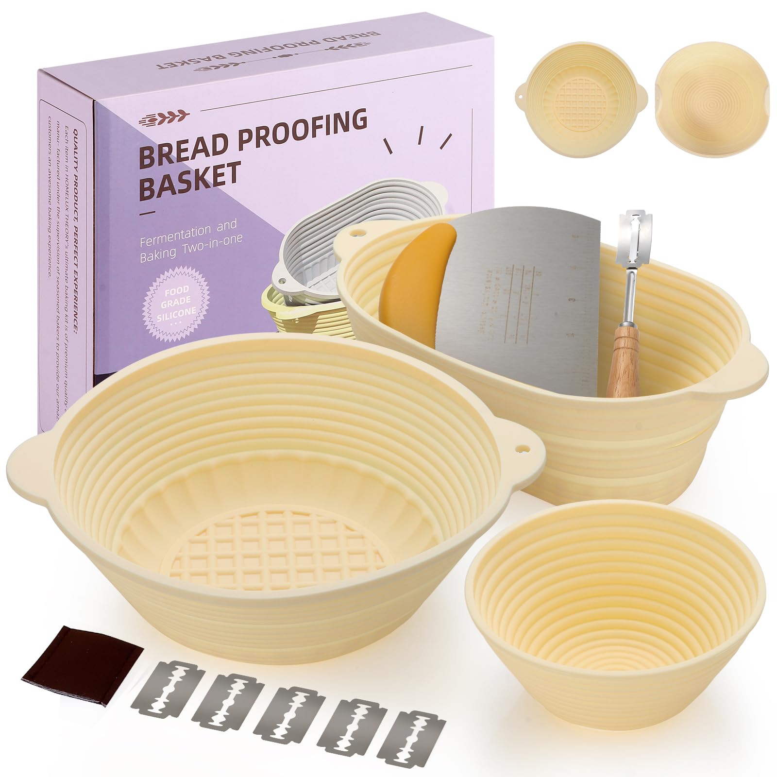 JibLumK Banneton Set 3, 10 pulgadas redonda, ideal para masa madre casera.