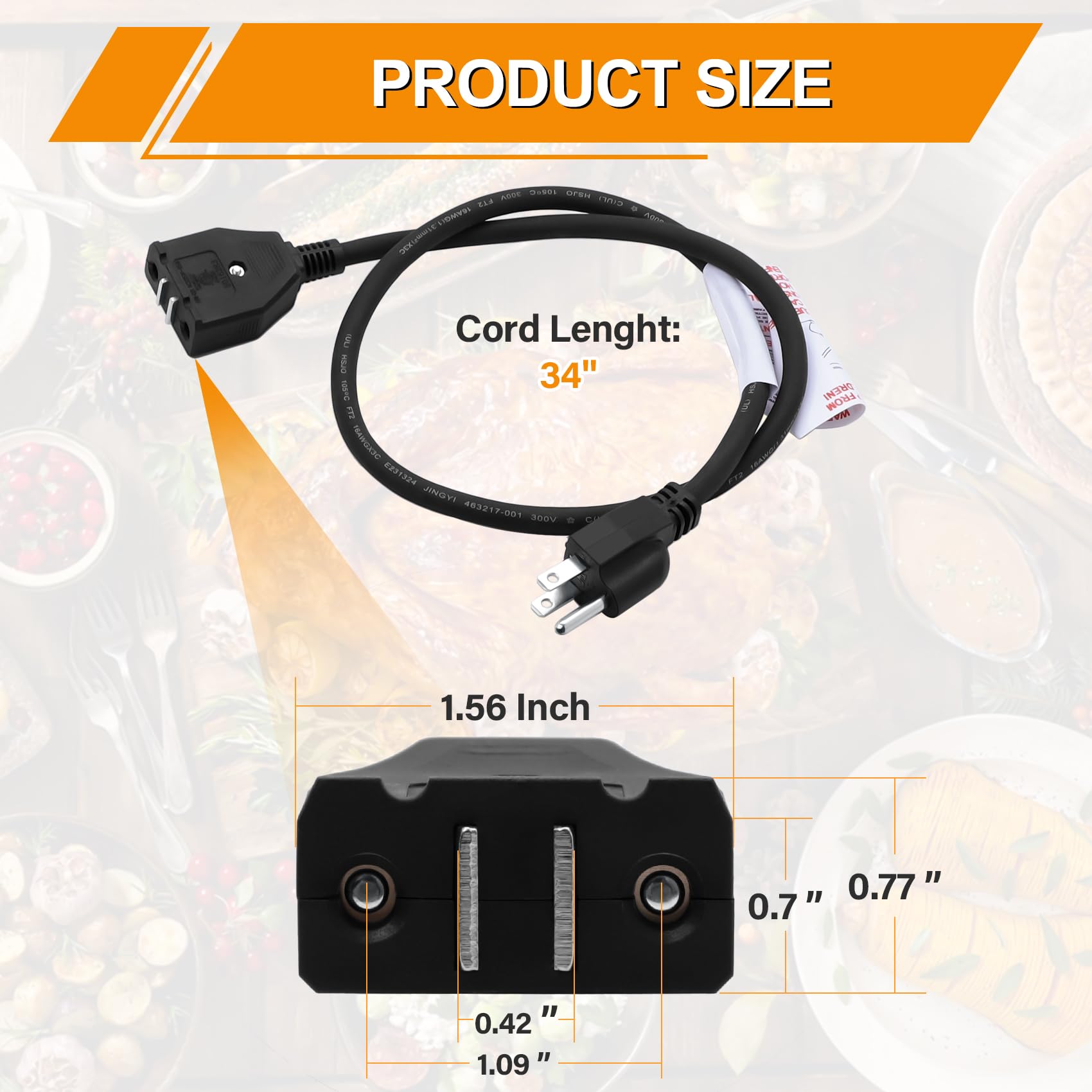 Cable eléctrico 125V 15A 3 pines, duradero para freidoras Masterbuilt.