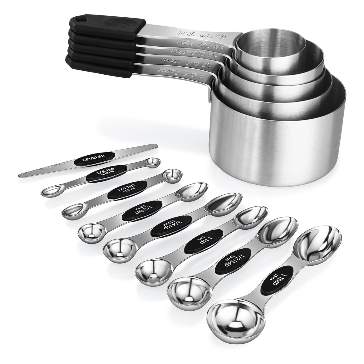 JIEJIE medidores imantados muestran cucharas y tazas ordenadas para uso rápido.