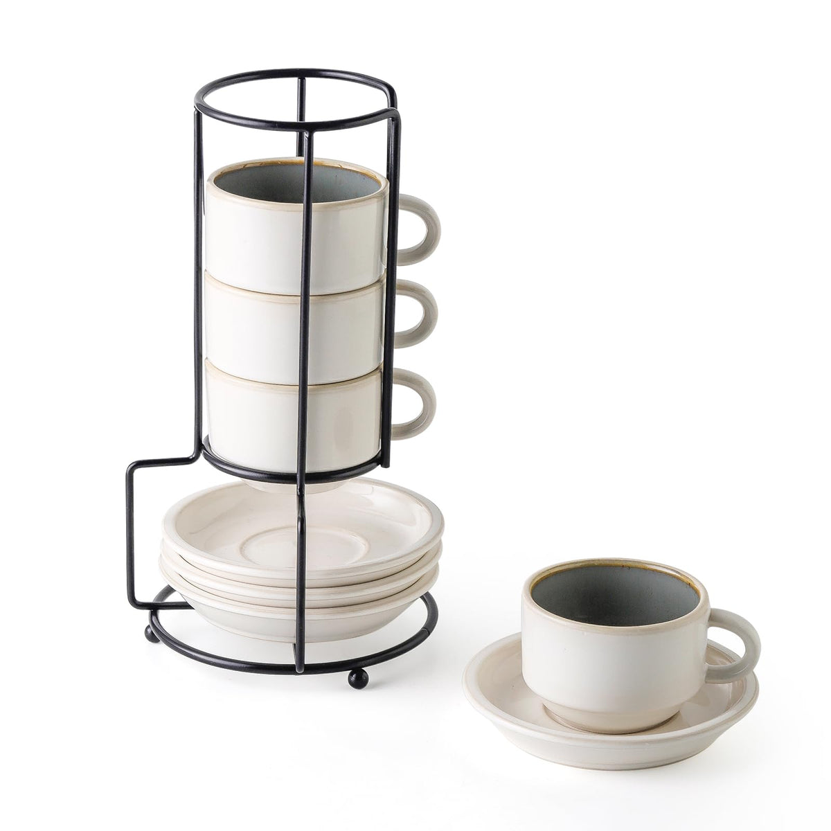 Tazas espresso JH JIEMEI HOME apilables con platillos, ahorro de espacio.