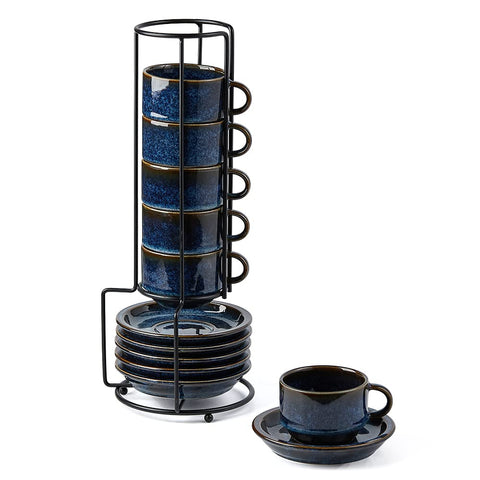 JIEMEI HOME tazas espresso apilables con platillos y soporte metálico para ahorro de espacio