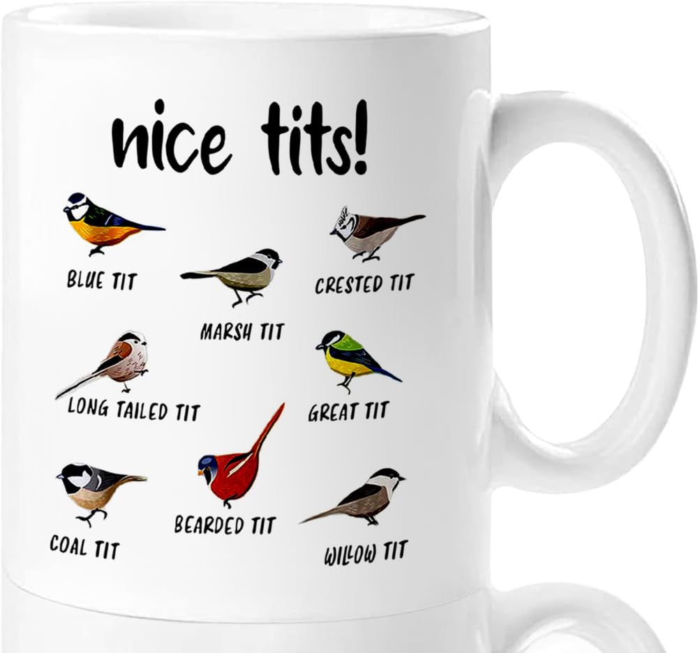 Taza Jigfoxy con aves divertidas, vista frontal para empezar el día con humor.