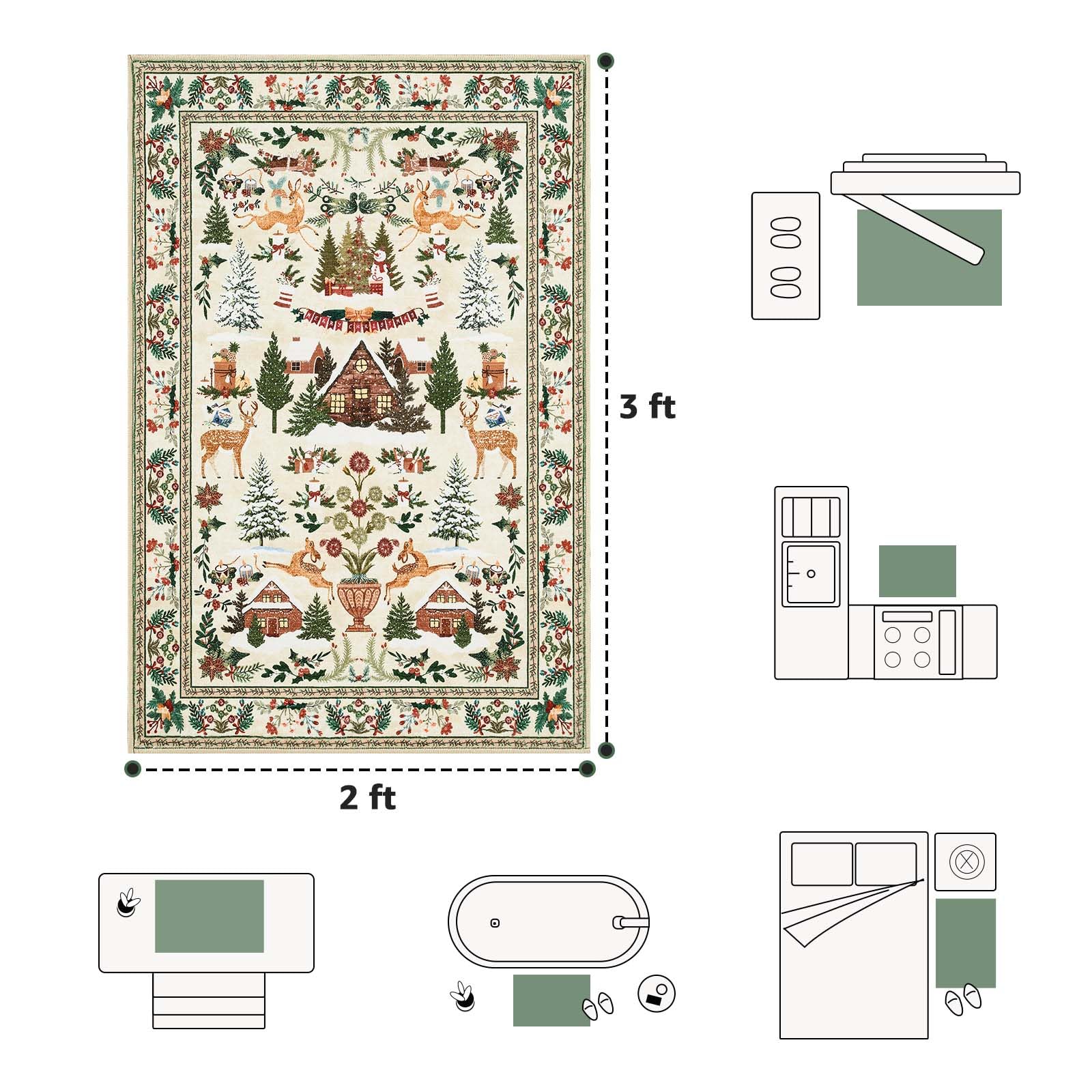 alfombra jinchan Navidad para la cocina, verde y beige, ideal para pisadas cálidas