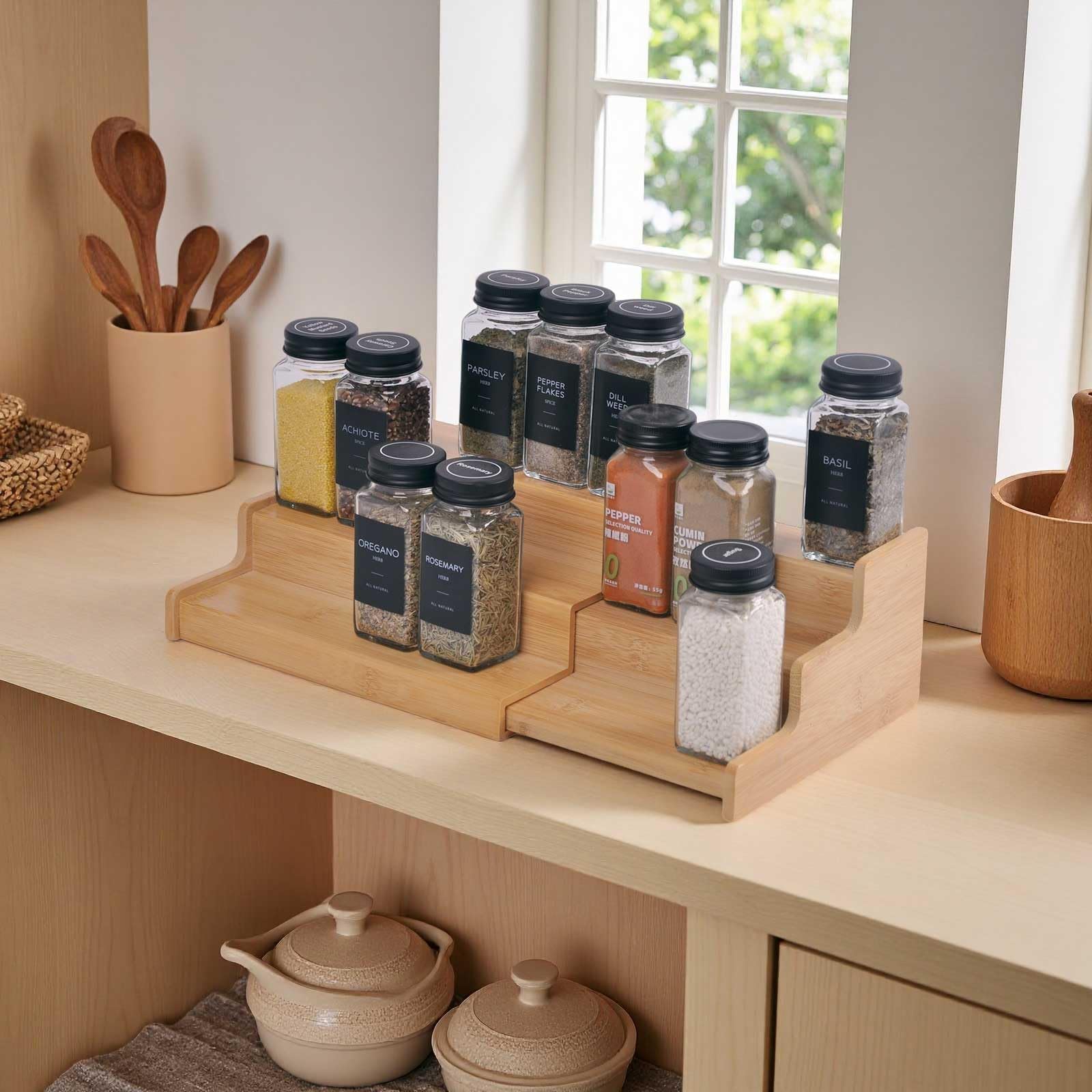 Detalles en bambú natural de JinDoWin para organización de cocina.