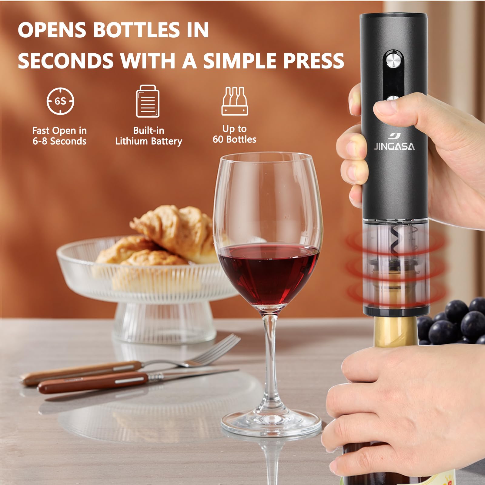 JINGASA Abre Vino Eléctrico con cortador de foil, rápido y limpio en casa