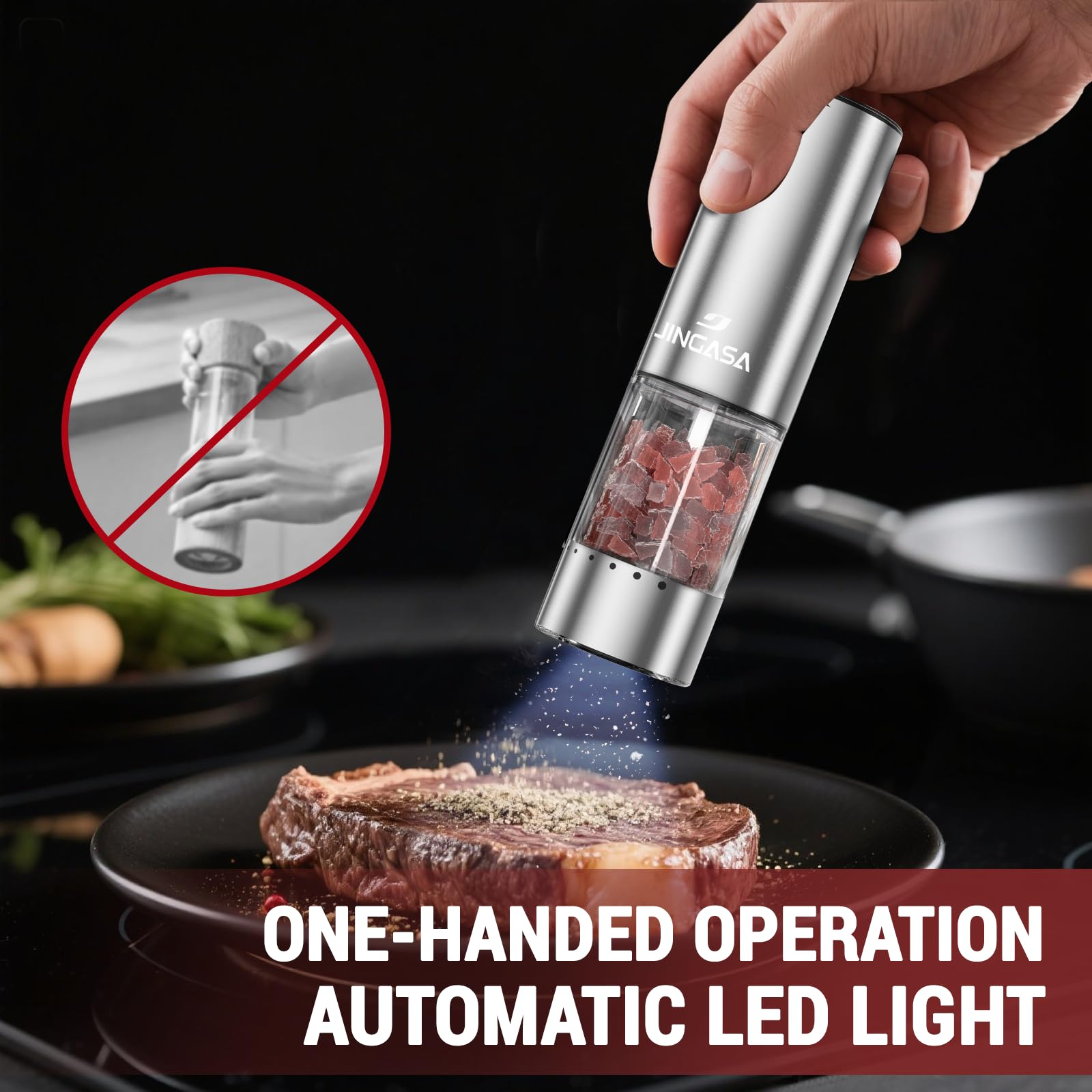 Luz integrada para sazonar con precisión en cualquier mesa.