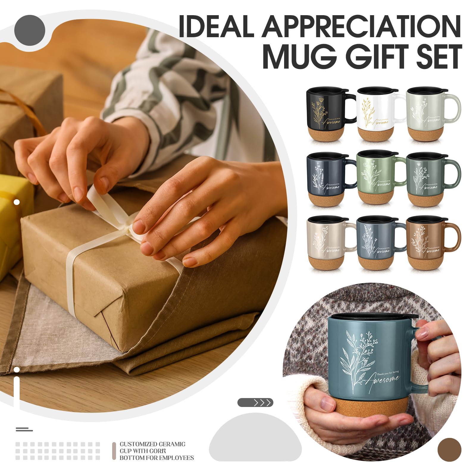 Diseño floral y mensaje de gracias en las tazas Jingmore.