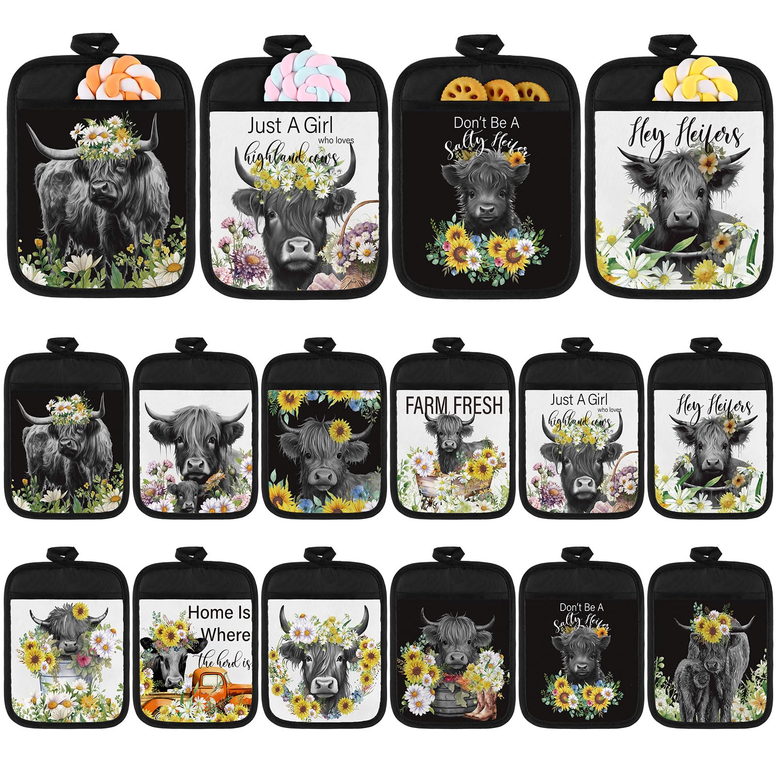 Guantes Jingmore para ollas con vaca Highland y bolsillo para agarre seguro