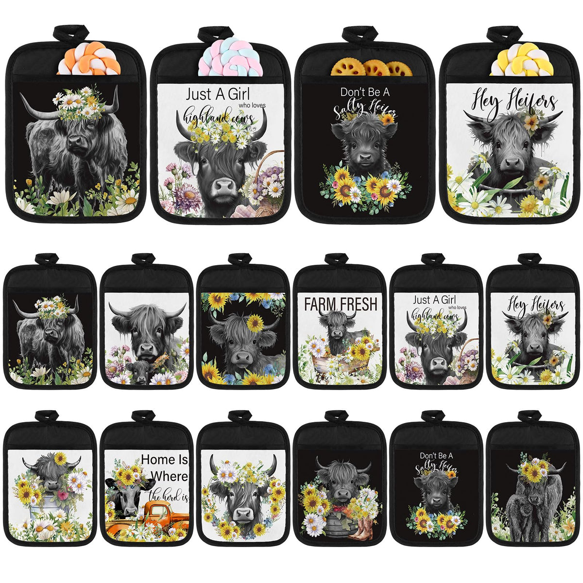 Guantes Jingmore para ollas con vaca Highland y bolsillo para agarre seguro