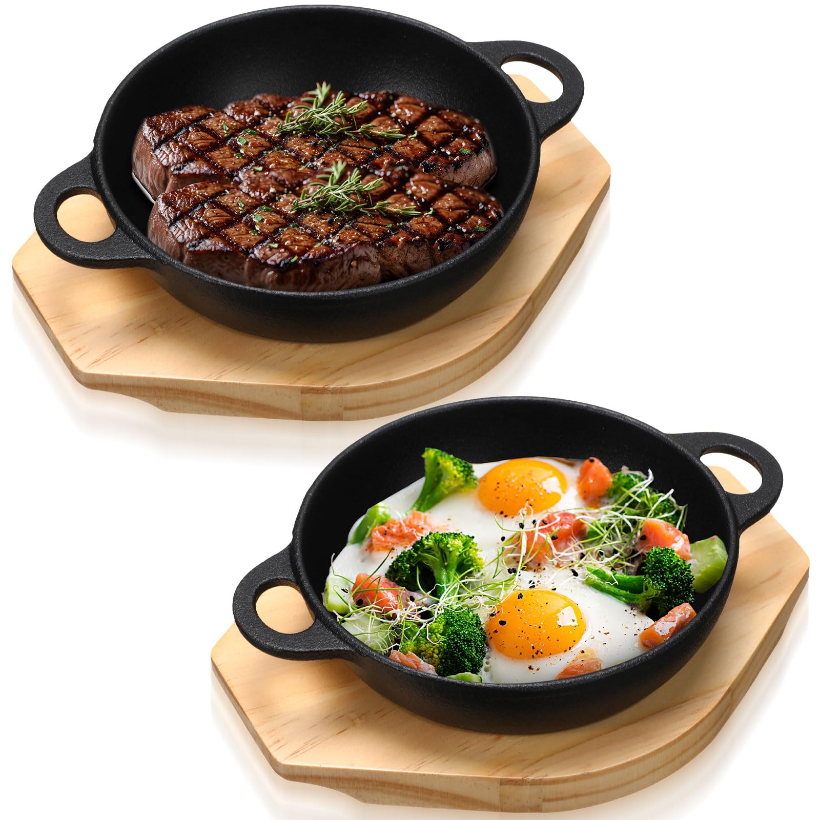 Sartén Jingmore mini de hierro con base de madera, ideal para servir caliente directamente de la cocina
