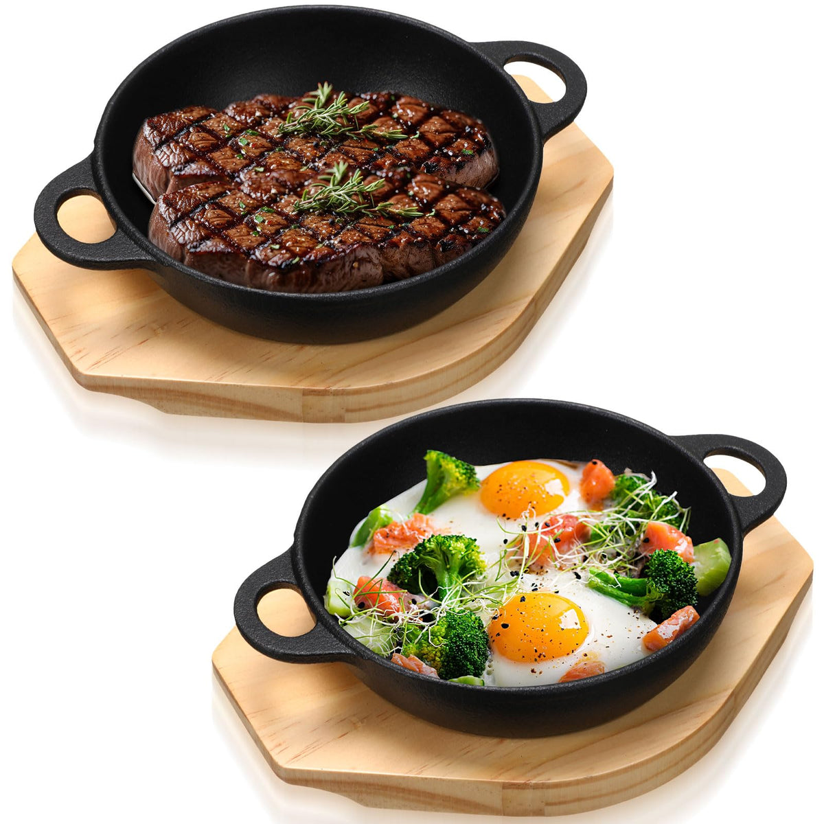 Sartén Jingmore mini de hierro con base de madera, ideal para servir caliente directamente de la cocina