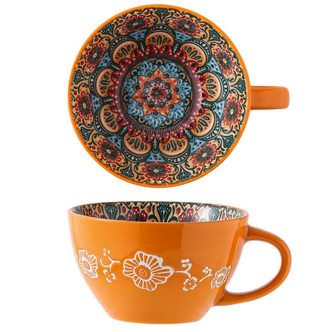 Taza JINNTHE de cerámica bohemia pintada a mano, interior colorido para café.