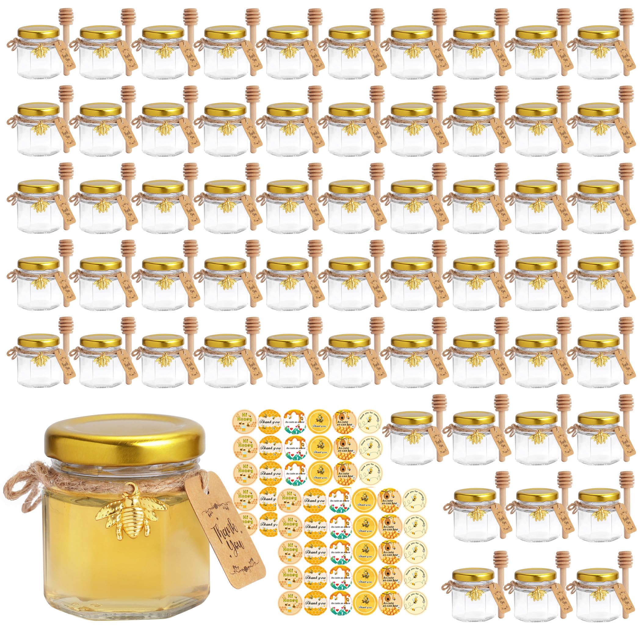 Tarro JIUHSHN de miel mini hexagonal con dipper; ideal para regalos y degustaciones.
