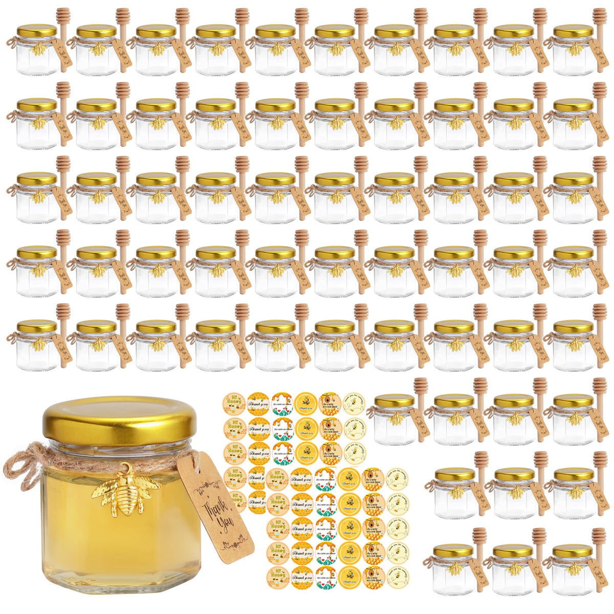 Tarro JIUHSHN de miel mini hexagonal con dipper; ideal para regalos y degustaciones.