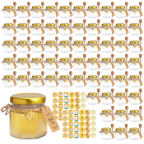 Tarro JIUHSHN de miel mini hexagonal con dipper; ideal para regalos y degustaciones.