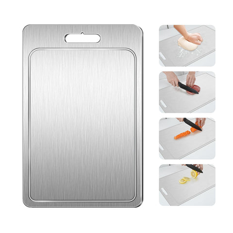 Jiwasio: tabla de titanio frente para frutas y verduras, superficie limpia y organizada.