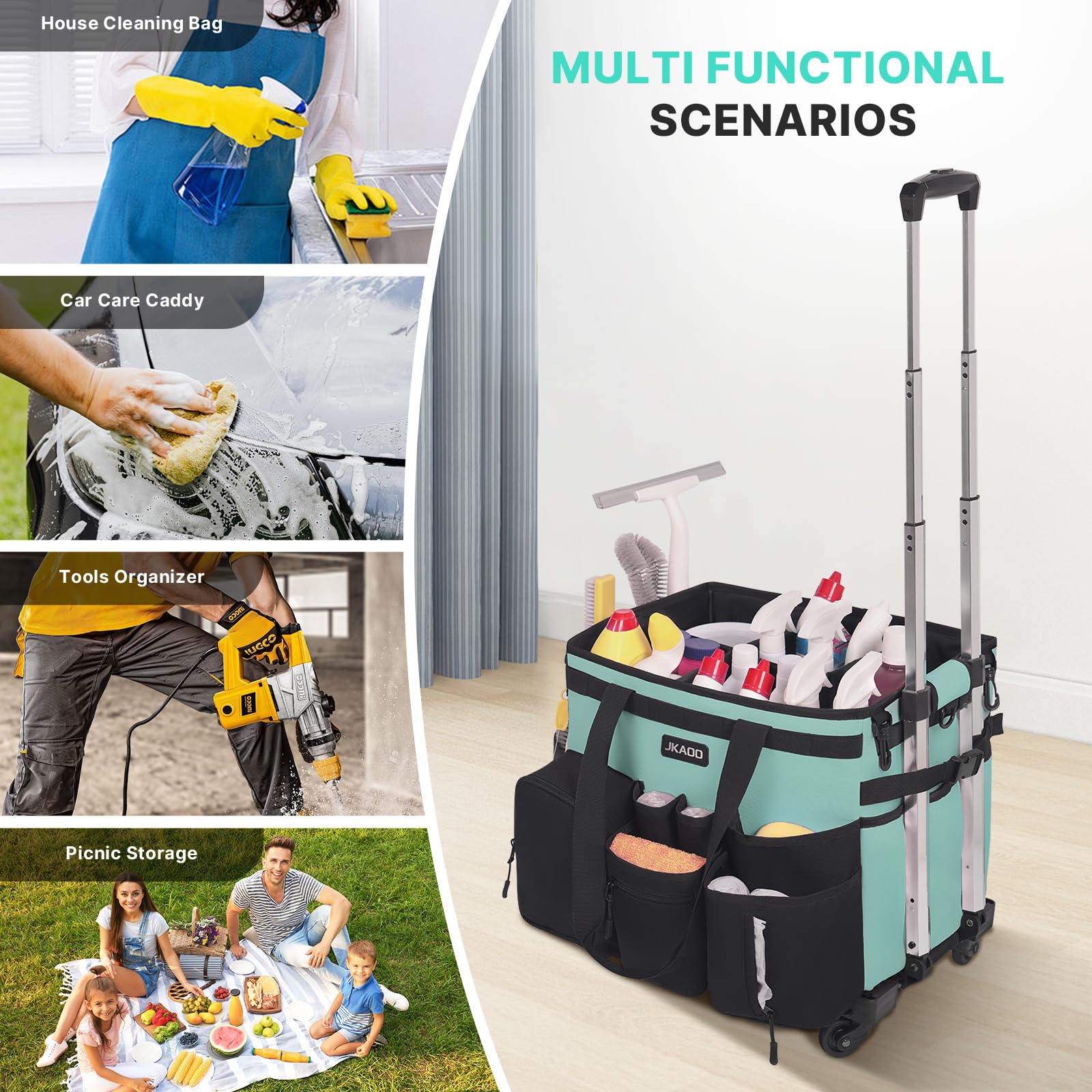 5 compartimentos ajustables y bolsillos para ordenar herramientas.
