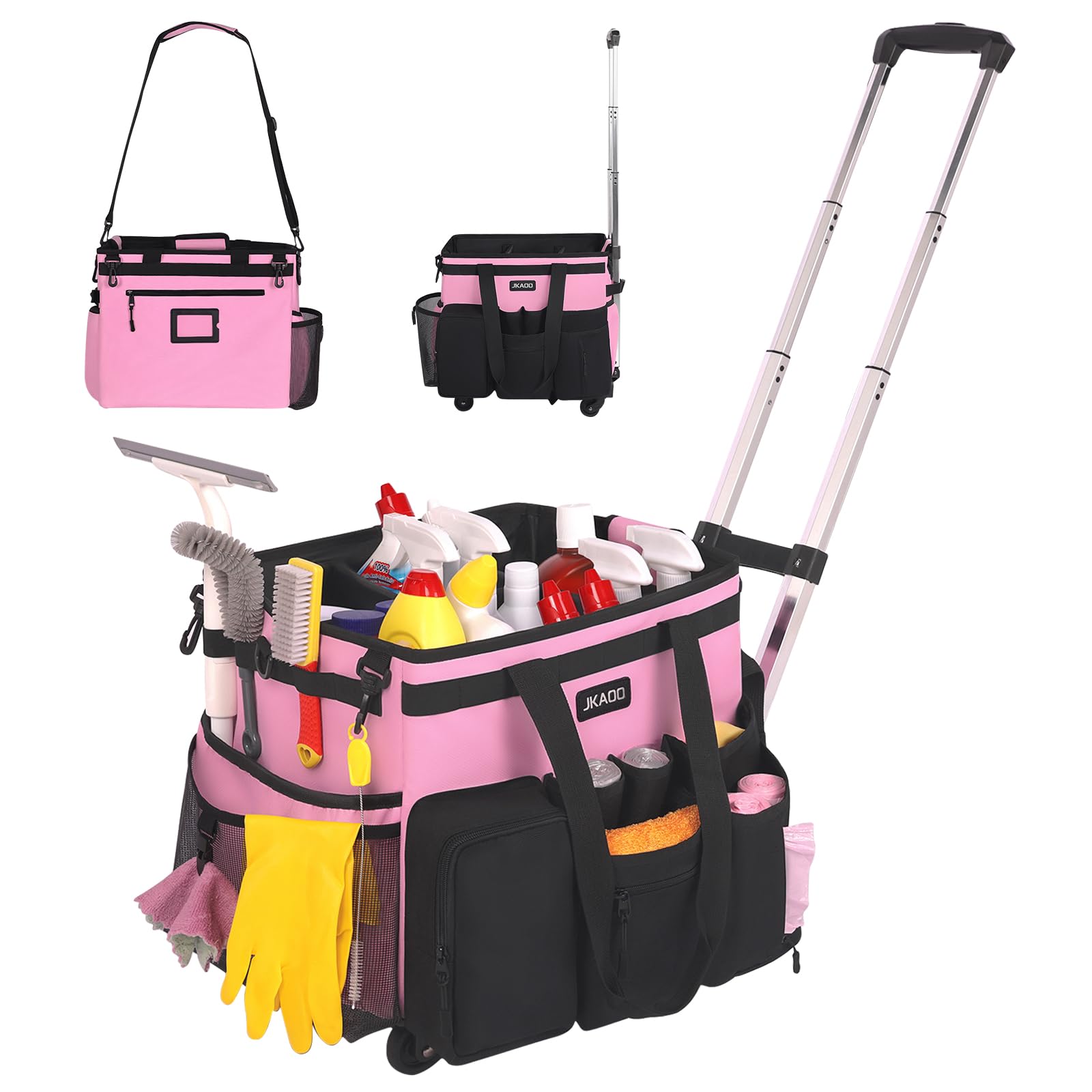 JKAOO bolsa de limpieza con ruedas rosa plegable, fácil de transportar.