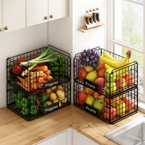 Cestas JKsmart apilables de cuatro niveles para despensa y cocina.